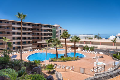 Vista del jardín con palmeras en la piscina de Teide View Balcones de Los Gigantes.