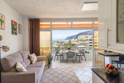 Amplio salón con ventanas grandes y decoración moderna en un apartamento de alquiler vacacional en Islas Canarias.